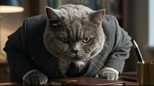 Serious Cat in Suit Leans Over Desk with Books, Exuding Authority and Focus in Humorous Professional Office Business Atmosphere
