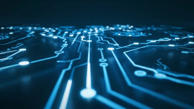 Abstract digital circuit board animation with glowing blue lines and nodes in darkness