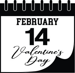 A simple black and white calendar icon showing february 14, prominently marking valentine's day