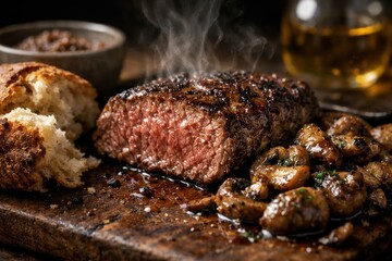 Cooked beef steak sliced and steaming on wooden cutting board with potatoes and bread, rustic food styling for lifestyle and culinary content concept
