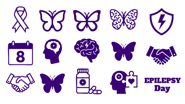 epilepsy awareness day purple icons set with butterfly and brain symbols