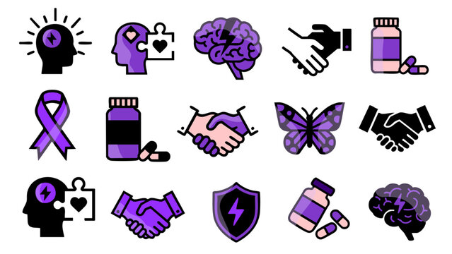epilepsy medical support icons set with purple ribbon and brain imagery