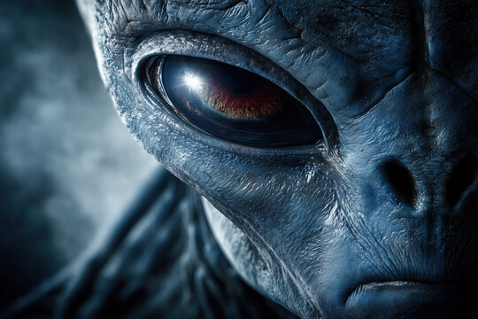 Close-up of a blue alien with large eye and detailed skin texture
