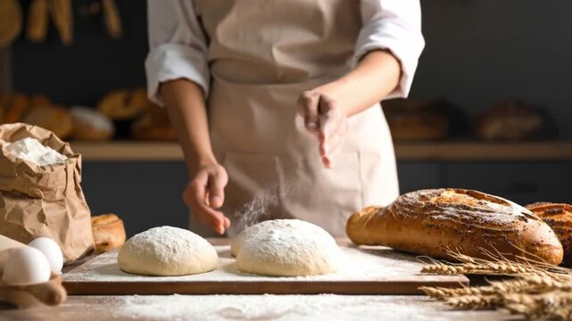 Baker preparing bread dough on wooden table in commercial kitchen