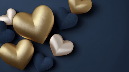 Obraz premium Elegant Arrangement of Heart Shapes in Gold, Silver, and Navy on Dark Background