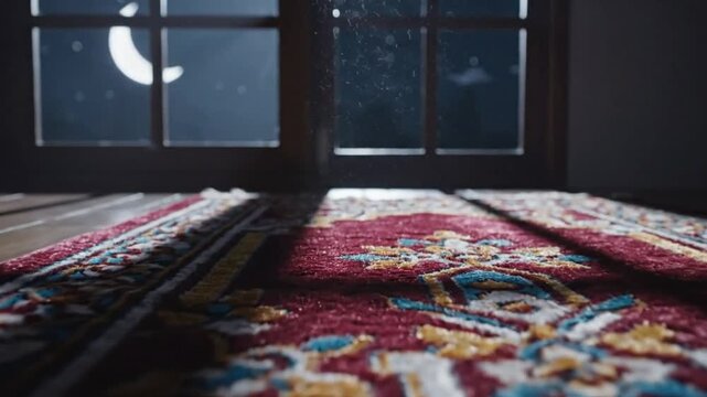 A serene prayer rug lies on the floor, illuminated by moonlight streaming through a window at night