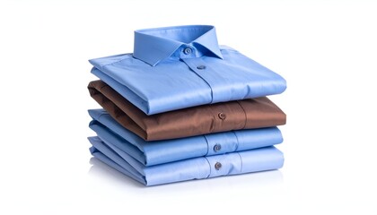 Stack of neatly folded button-down shirts, shades of blue and brown, isolated white background