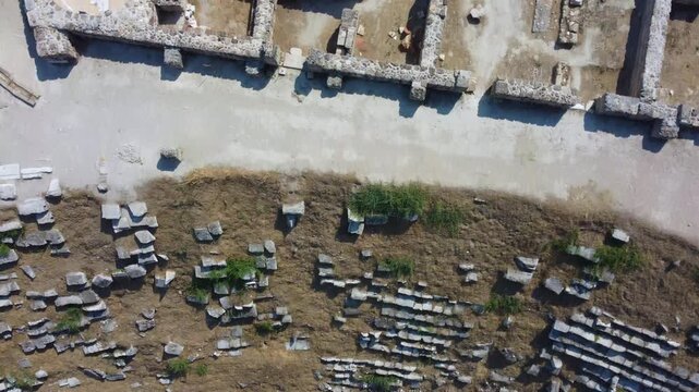 IERAPOLIS in Denizli, bird's-eye view, TURKEY, August 13, 2024: Ancient city of Ierapolis near Pamukkale, surrounded by nature and mountains. Phrygian period. UNESCO.4K