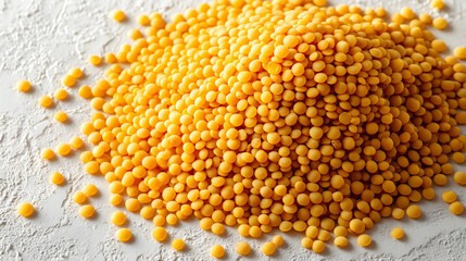 Various yellow beads made from legume flour on a light surface