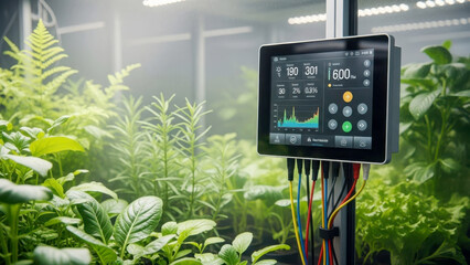 A modern digital monitor is attached to a pole with multiple colored wires, displaying environmental data and graphs in a lush green indoor garden or greenhouse setting.