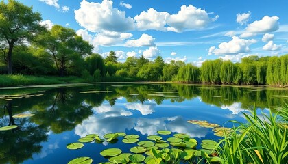 Fototapeta premium Serene vector illustration of a still water pond reflecting sky, lush green vegetation, biome, vegetation