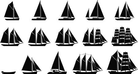 Sailing boats silhouettes collection, yacht sailboat ship maritime transport ocean travel black vector illustration icon set © Sree