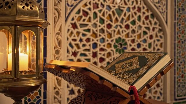 An open sacred book rests on a decorative stand beside a lantern in an ornate room with intricate patterns