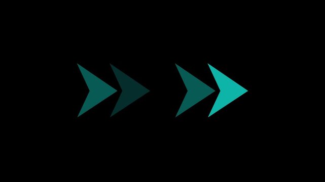 Five Teal Arrows Moving Forward On Black Background. Right-directional arrow loop animation. Animated arrows for the overlay video layer.