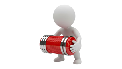 3D White Man Holding a Red Cylinder with Silver Bands