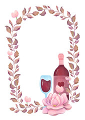 frame of delicate flowers, red wine glass and bottle copy space on transparent background. Layout for greeting card, invitation. concept of love, Valentine's Day on February 14, romantic relationship