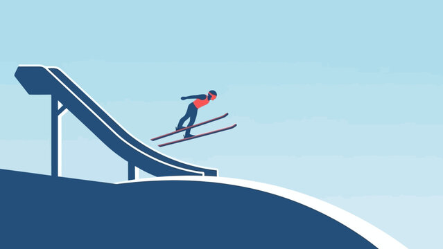Ski Jumper Flying Through the Air Above Snowy Hillside
