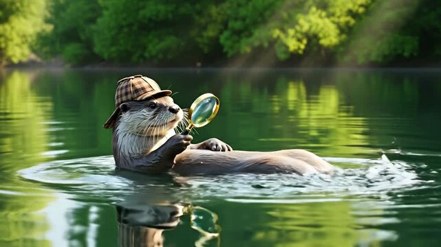 Otter detective floats with magnifying glass in calm water.