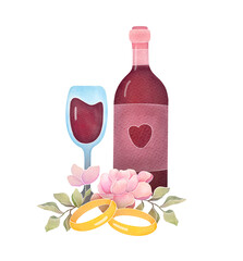 Gold Wedding Rings, pink flowers, red wine glass, bottle. floral arrangement for invitations, decorations. watercolor illustration isolated on transparent background, clip art, cut out element design