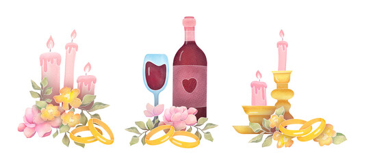 gold wedding rings with flowers, candles, wine glass, bottle. Love, Valentine's Day, marriage proposal elements. romantic watercolor illustration isolated on transparent background, clip art cut out