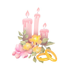Floral arrangement with vintage candles, pink flowers, gold wedding rings. cute watercolor illustration isolated on transparent background, clip art and cut out element design