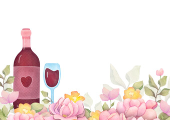 flowers, red wine glass and bottle footer with copy space on transparent background. Layout for greeting card, invitation. concept of love, Valentine's Day on February 14, romantic relationship