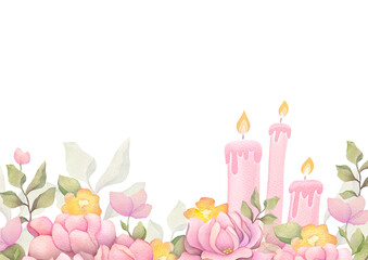 frame of delicate candles and pink flowers copy space on transparent background. Layout for greeting card, invitation. concept of love, Valentine's Day on February 14, romantic relationship