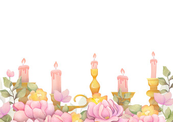 frame of delicate candles and pink flowers copy space on transparent background. concept of love, Valentine's Day, romantic relationship. frame for banner, card, social media, advertising