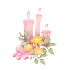pink wax candles and delicate flowers composition. cute watercolor illustration isolated on white transparent background, clip art and cut out element design