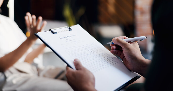 Doctor, hands or writing with clipboard for medical assessment, health results or checkup policy. Closeup, nurse or application form with patient for nutrition, vitamins or immunity booster in clinic