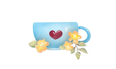 ceramic cup with heart and spring flowers. cute watercolor illustration isolated on white transparent background, clip art and cut out element design