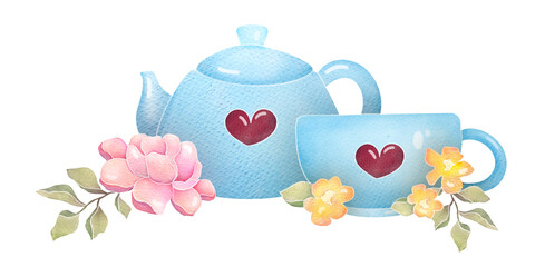 spring tableware set, teapot, cup, flowers. cute watercolor illustration isolated on transparent background, clip art and cut out element design