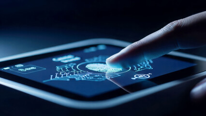 A finger is interacting with a smartphone screen that displays a futuristic interface. the screen glows with various icons and a circular graph, indicating a high-tech digital environment.