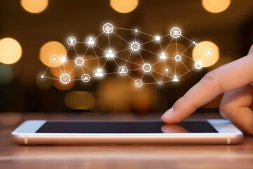 Hand interacting with smartphone, displaying digital network connection and social media icons over bokeh background