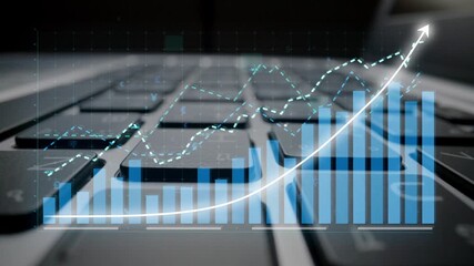 A dynamic scene featuring a laptop keyboard with an overlaid growth chart, symbolizing financial success and data analysis in a contemporary work environment. Copula - Powered by Adobe