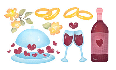 romantic dinner set. Love, Valentine's Day, marriage proposal clipart elements, watercolor illustrations collection with wine, flowers, wedding rings, hearts isolated on transparent background