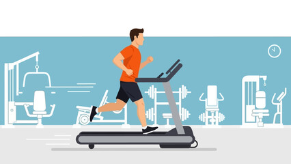 Man running on treadmill in modern gym, fitness workout, healthy lifestyle