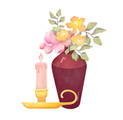 Watercolor Bouquet with Pink Peonies and Yellow Flowers in Burgundy color Vase, vintage candlesticks with candle. Floral arrangement isolated on transparent background, clip art cut out element design
