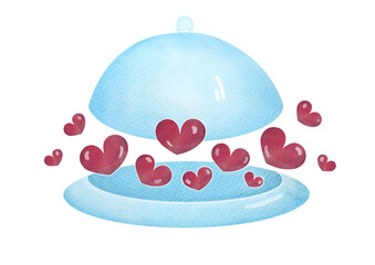 Romantic dinner, cloche with hearts. concept of love, Valentine's Day on February 14, romantic relationship. cute watercolor illustration isolated on transparent background, clip art cut out