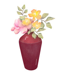 Watercolor Bouquet with Pink Peonies and Yellow Flowers in Burgundy color Vase. Artistic Floral Composition isolated on transparent background, clip art and cut out element design