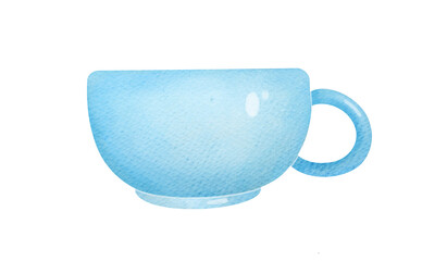 blue ceramic cup. cute watercolor illustration isolated on transparent background, clip art and cut out element design