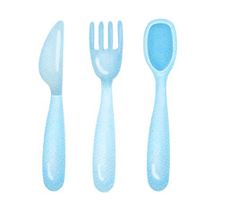 Blue Cutlery Set: Knife, Fork, Spoon elements set. cute watercolor illustrations isolated on white transparent background, clip art and cut out element design