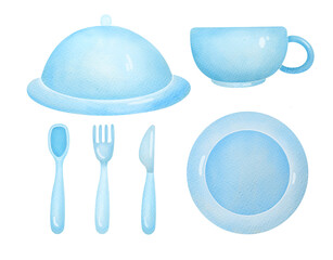 Watercolor Illustration of Blue Dinner Set: ceramic Plate, Fork, Knife isolated on transparent background, clip art and cut out elements set