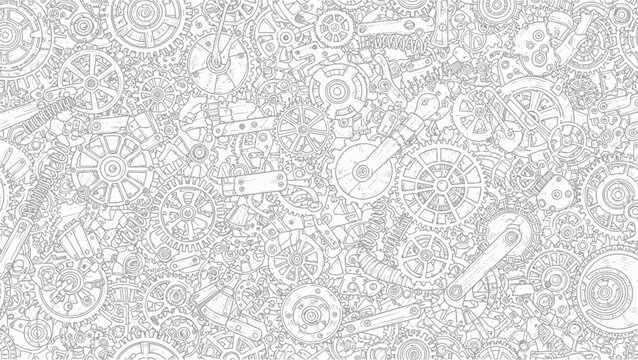 Intricate Mechanical Gears and Cogs Pattern - Black and White Line Art