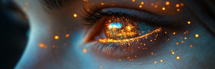 Close-up of a human eye with an iris composed of glowing orange particles and light sparks