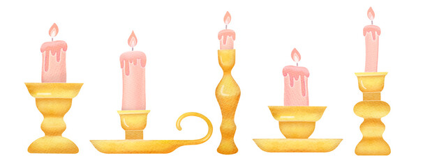 vintage candlesticks isolated on transparent background. Old antique gold candleholders with lit candles collection. retro style watercolor candelabrum illustrations. clip art cut out element design