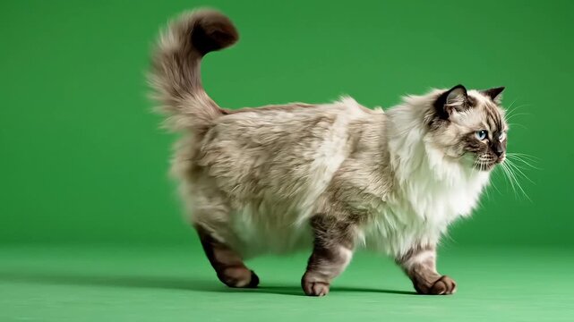 Gorgeous purebred seal point ragdoll cat with long fluffy fur and striking blue eyes walking gracefully across a vibrant studio background