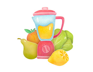 pink blender with fruits, making vitamin smoothies, healthy juices. cute watercolor illustration isolated on transparent background, clip art and cut out element design