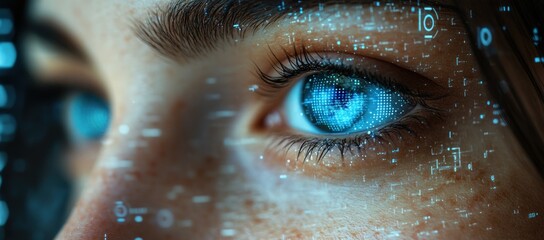 Close-up of a human eye with glowing blue digital data overlay, futuristic vision