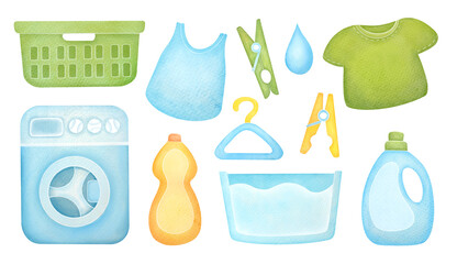 laundry supplies set with detergent bottles, washing machine, baskets, children's clothes, household tools. cute watercolor illustration isolated on transparent background, clipart cutout elements